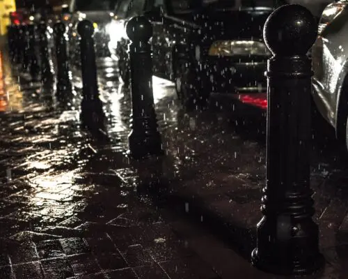 sidewalk on rainy night in city