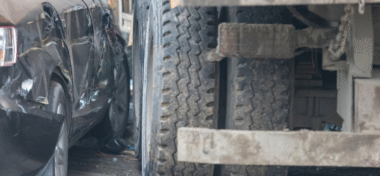 A damaged car sits beside the rear wheels of a large commercial truck after a collision, representing a truck accident in Colorado Springs that requires a detailed legal investigation into liability and federal trucking violations.