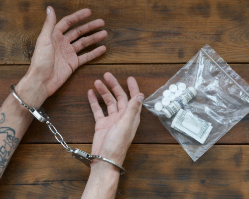 A mans hands in handcuffs on a table next to a plastic bag with drugs in it.