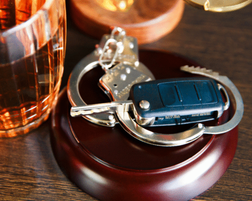 A glass of whiskey next to a car key and handcuffs.