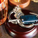 A glass of whiskey next to a car key and handcuffs.