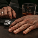 Close-up of a person’s hands resting on a table beside a glass of liquor and car keys, representing the professional and legal consequences of a DUI conviction in Colorado, including mandatory license reporting and disciplinary action by state licensing boards.