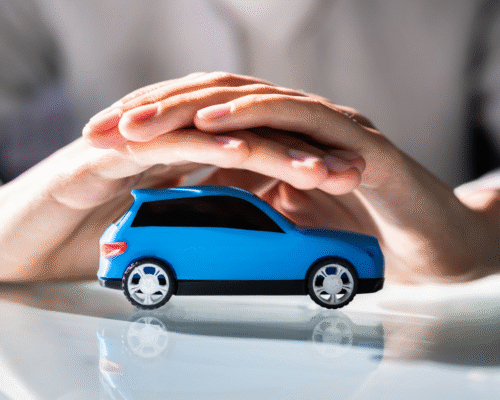 two hands holding a floating blue toy car.