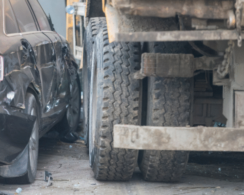 A damaged car sits beside the rear wheels of a large commercial truck after a collision, representing a truck accident in Colorado Springs that requires a detailed legal investigation into liability and federal trucking violations.